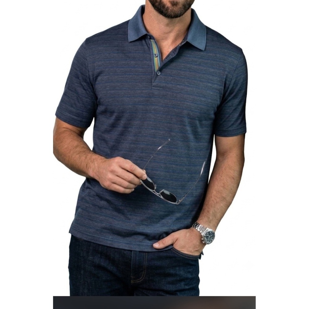 Bugatchi Uomo Polo Shirt Mens L Navy Blue Short Sleeve Cotton